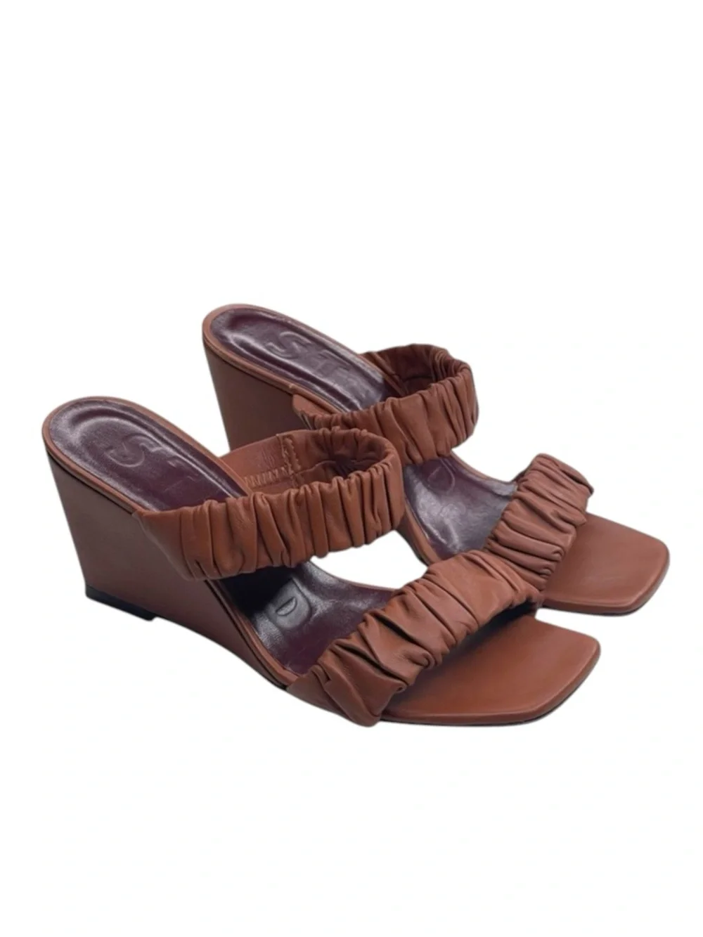 Staud 𒀭 Frankie Ruched 2 Strap Wedge Heel Sandals 𒀭Brown Leather 𒀭36 5.5M 6M